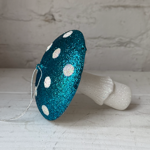 Glitter Mushroom Ornament in Teal & White