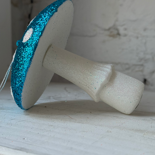 Glitter Mushroom Ornament in Teal & White