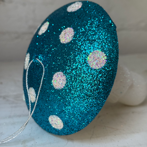 Glitter Mushroom Ornament in Teal & White