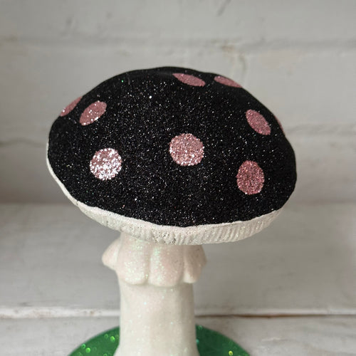 Single Glitter Mushroom in Black with Pink Dots