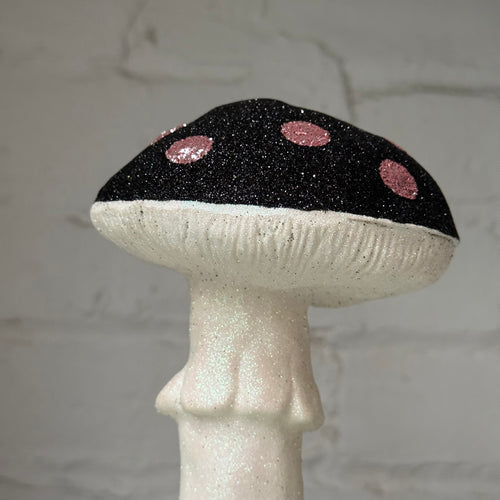 Single Glitter Mushroom in Black with Pink Dots