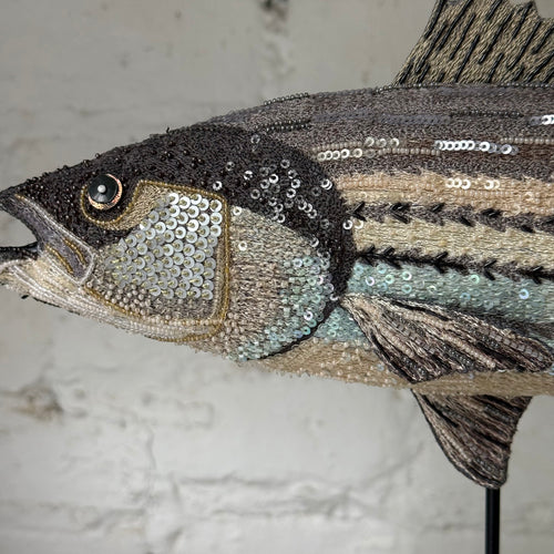 Hand-Beaded Striped Bass on Stand by Trovelore