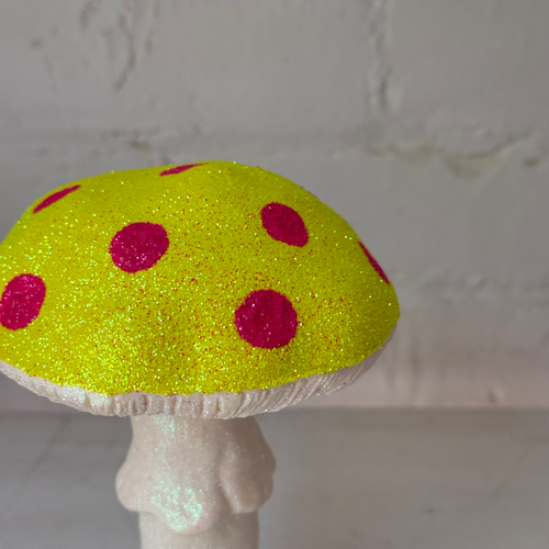 Single Glitter Mushroom in Neon Yellow with Pink Dots