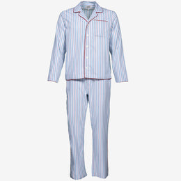 P. Le Moult Striped Pajama Set in White & Sky with Red Piping