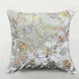 Madame Bovary Embroidered Silk Velvet Cushion in S Blue