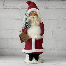 Papier-Mâché Santa Holding Tree in Red