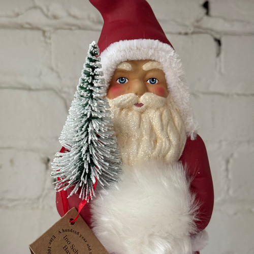 Papier-Mâché Santa Holding Tree in Red