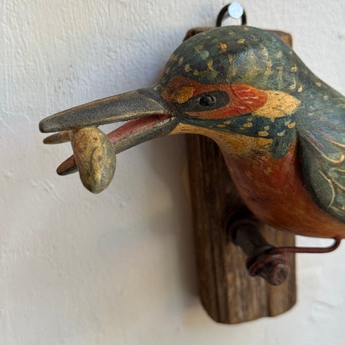 Early 20th-century Black Forest Carved Kingfisher Bird with Fish (BF-608)
