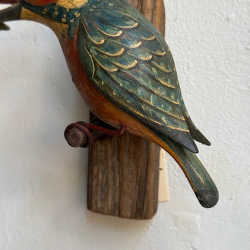 Early 20th-century Black Forest Carved Kingfisher Bird with Fish (BF-608)