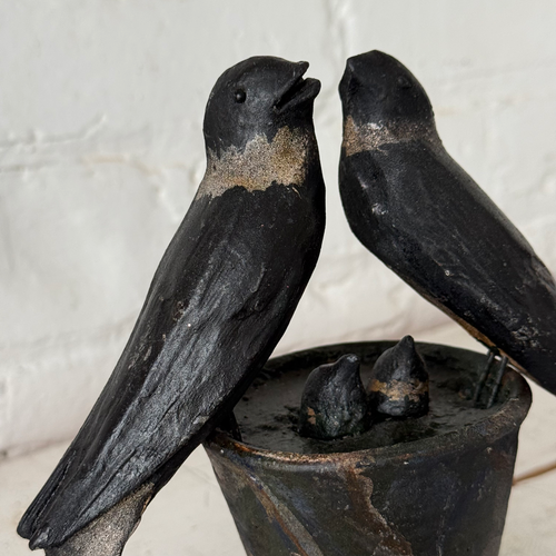 Black Forest Carved Perched Birds on Clay Pot (#9)