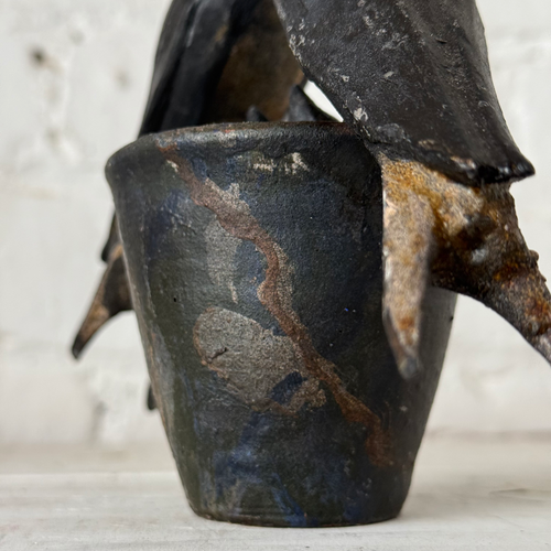 Black Forest Carved Perched Birds on Clay Pot (#9)