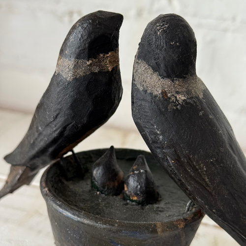 Black Forest Carved Perched Birds on Clay Pot (#9)