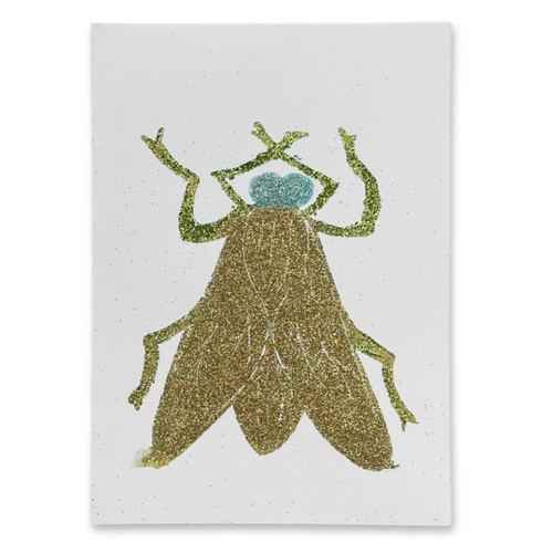 Block Printed Gold and Blue Fly Folded Card