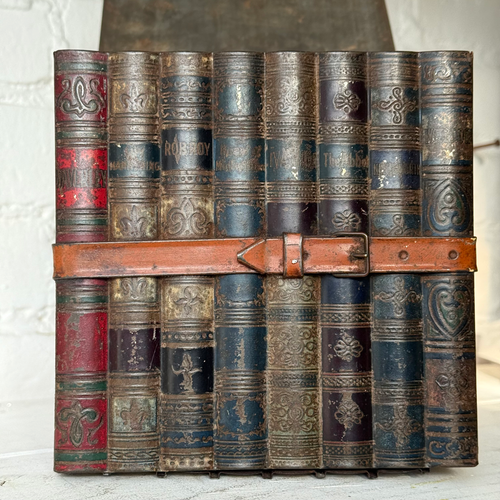 Late 19th-century English Faux Book Stack Biscuit Tin
