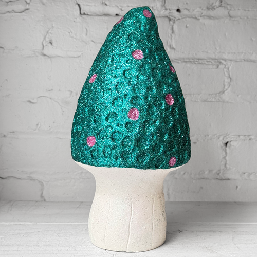 Glitter Morel Mushroom in Teal with Few White Dots
