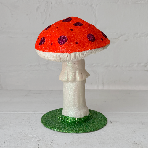 Single Glitter Mushroom in Orange with Red Dots