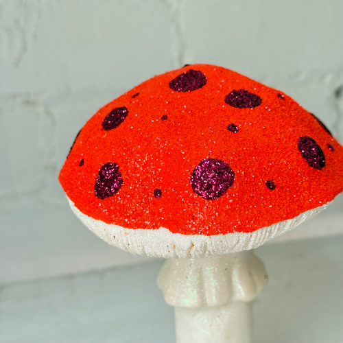 Single Glitter Mushroom in Orange with Red Dots