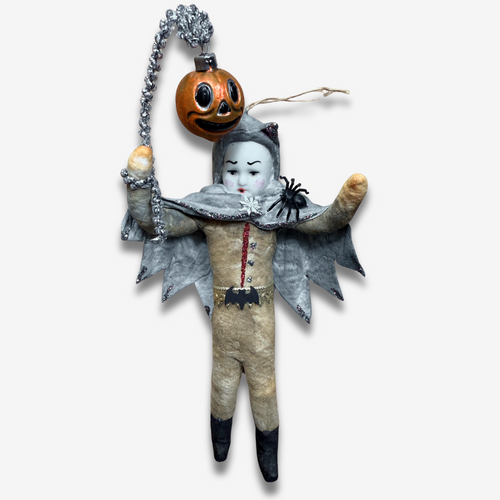 Nostalgic Cotton Vampire Boy with Porcelain Head and Glass Pumpkin Ornament