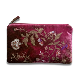 Jane Embroidered Silk Velvet Cosmetic Zip Pouch in Shaded Light Rouge