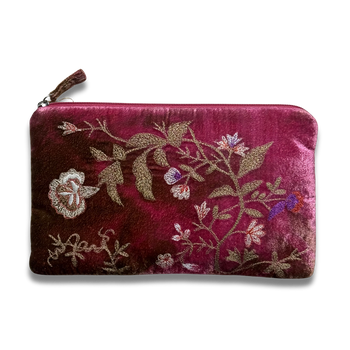 Jane Embroidered Silk Velvet Cosmetic Zip Pouch in Shaded Light Rouge