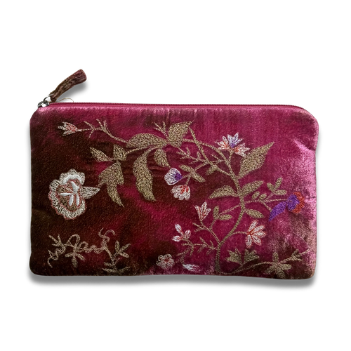 Jane Embroidered Silk Velvet Cosmetic Zip Pouch in Shaded Light Rouge