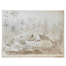 19th Century French Monochromatic Watercolor Painting by Alphonse Baril (#100)