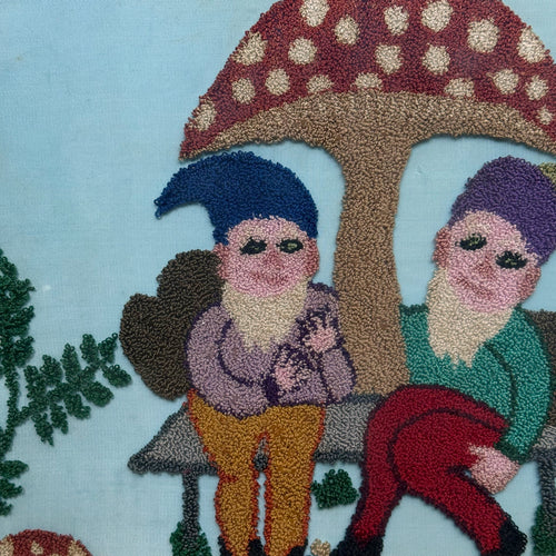 Vintage Framed Gnome and Mushroom Embroidery