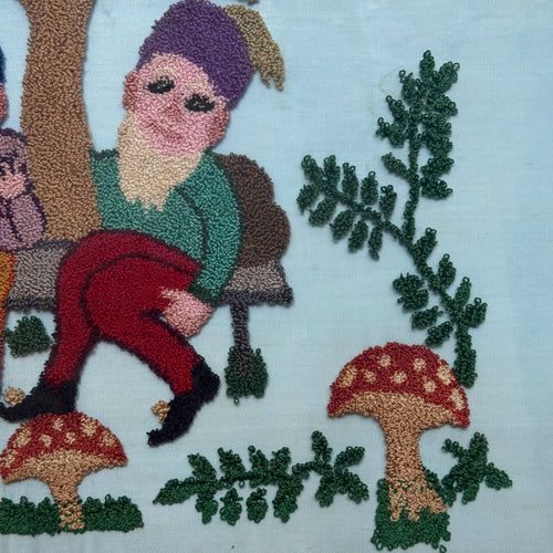 Vintage Framed Gnome and Mushroom Embroidery