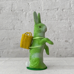 Papier-Mâché Green Beaded Standing Bunny with Wicker Basket