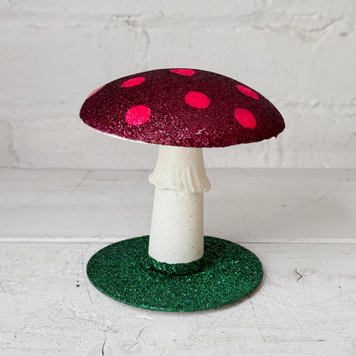 Small Glitter Mushroom in Burgundy with Pink Dots