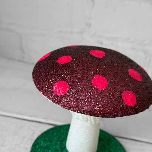 Small Glitter Mushroom in Burgundy with Pink Dots