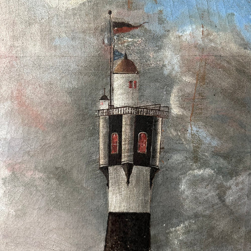 Antique Rope-Framed Round Seascape Lighthouse Painting