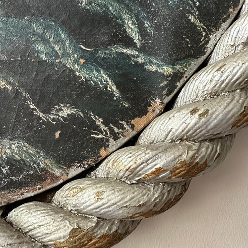 Antique Rope-Framed Round Seascape Lighthouse Painting