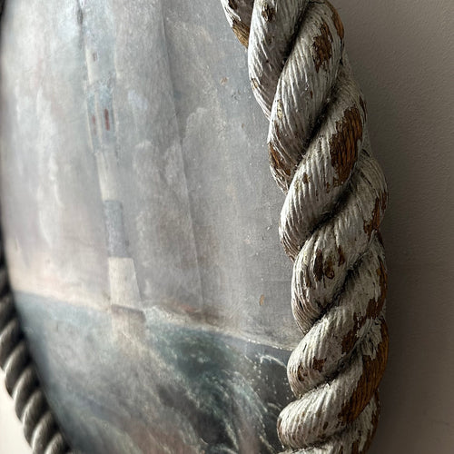Antique Rope-Framed Round Seascape Lighthouse Painting