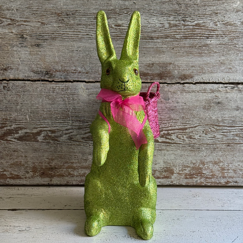 Ino Schaller Extra-Large Glitter Bunny with Bow and Basket in Green