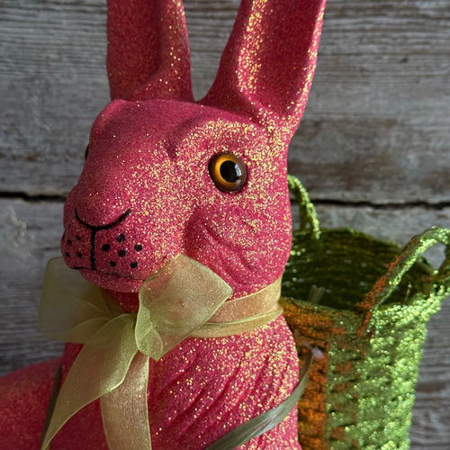 Ino Schaller Extra-Large Glitter Bunny with Bow and Basket in Pink
