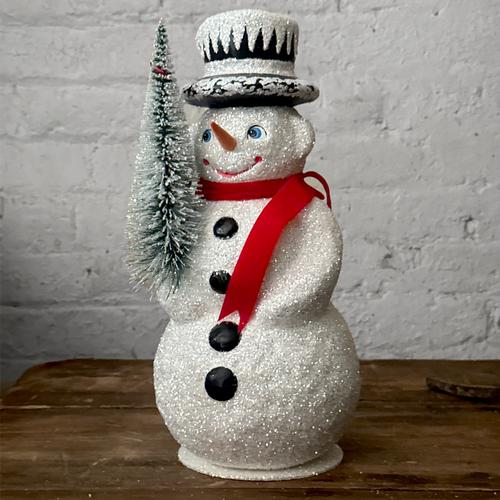 XLarge Papier-Mâché Glitter Snowman with Black Hat