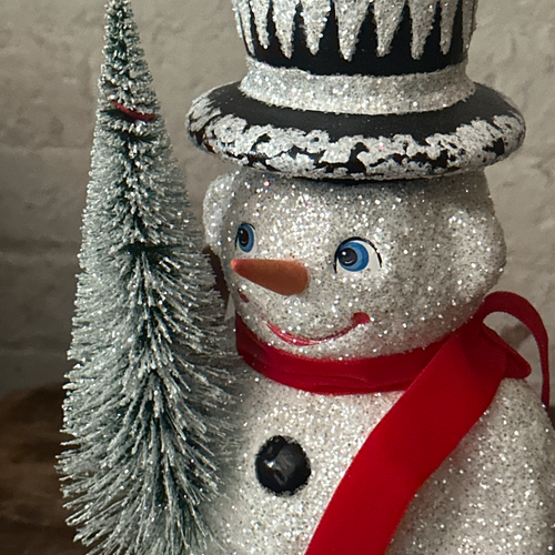 XLarge Papier-Mâché Glitter Snowman with Black Hat