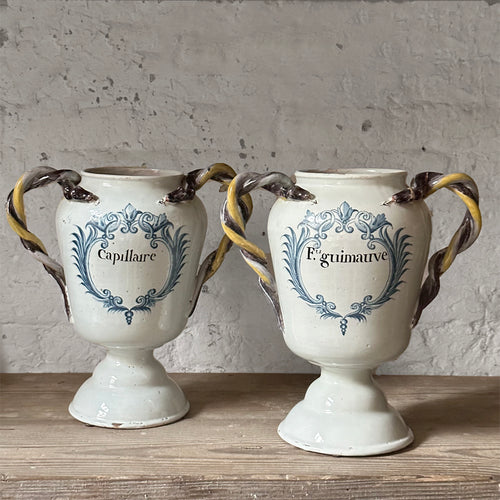 Pair of 18th Century French Handled Delft Jars