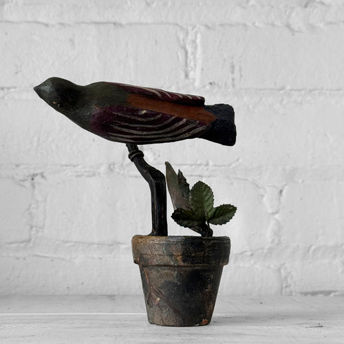 Black Forest Carved Perched Bird on Clay Pot (#5)