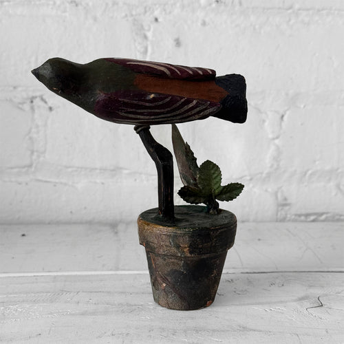 Black Forest Carved Perched Bird on Clay Pot (#5)
