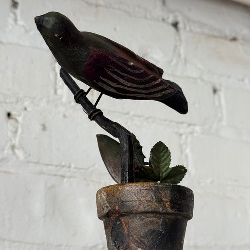 Black Forest Carved Perched Bird on Clay Pot (#5)