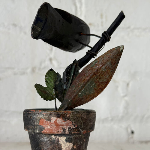Black Forest Carved Perched Bird on Clay Pot (#5)
