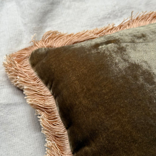 Button Fringe Silk Velvet Cushion in Dusty Olive with Beige Fringe