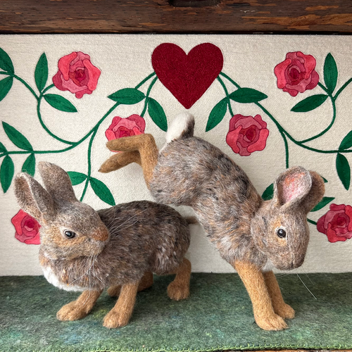 "Among the Roses" Needle Felted Rabbit Diorama