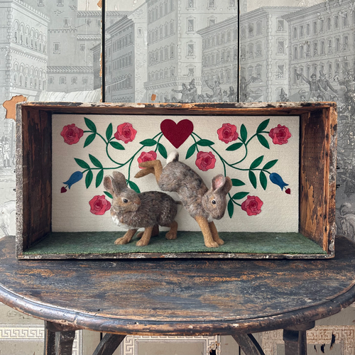 "Among the Roses" Needle Felted Rabbit Diorama
