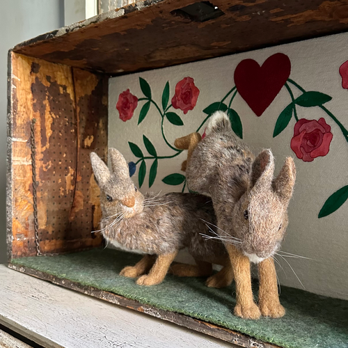 "Among the Roses" Needle Felted Rabbit Diorama