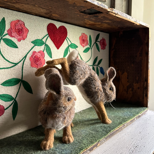 "Among the Roses" Needle Felted Rabbit Diorama