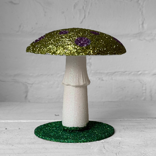 Small Glitter Mushroom in Lime with Purple Dots