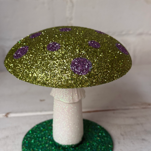 Small Glitter Mushroom in Lime with Purple Dots